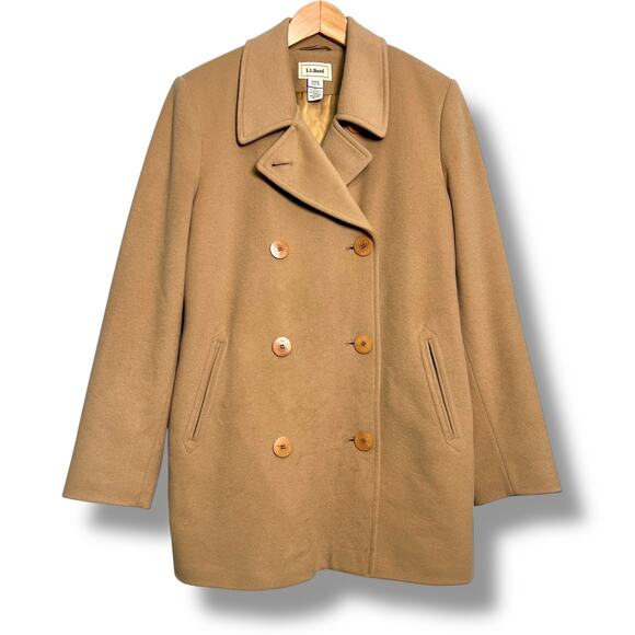 LL Bean Cashmere Blend Peacoat Coat Camel Size 14 Career Old Money Nautical - Picture 1 of 14